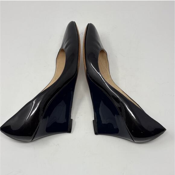 Jimmy Choo Gilbert Black Navy Patent Leather Almond Toe Wedge Heel Pumps Sz 42 - Picture 6 of 8